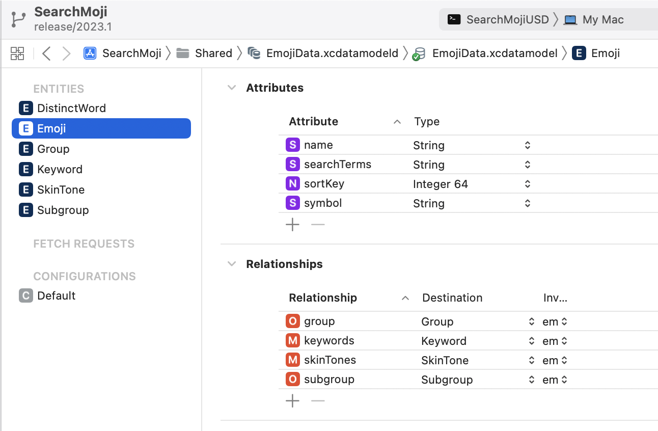 Screenshot of SearchMoji Core Data model designer in Xcode