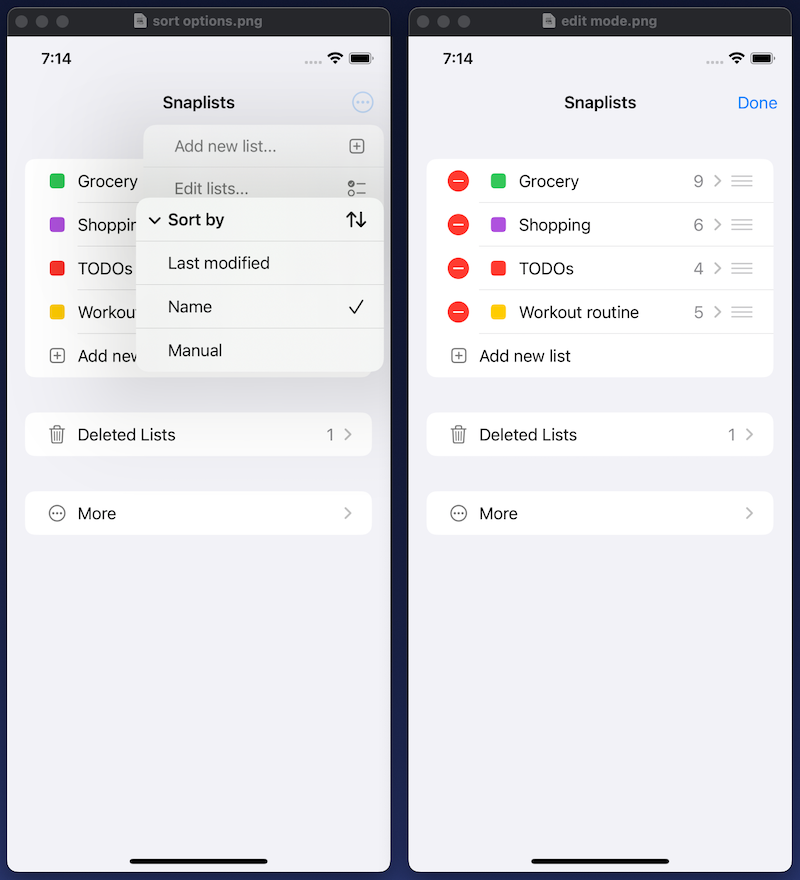 screenshot of sorting options