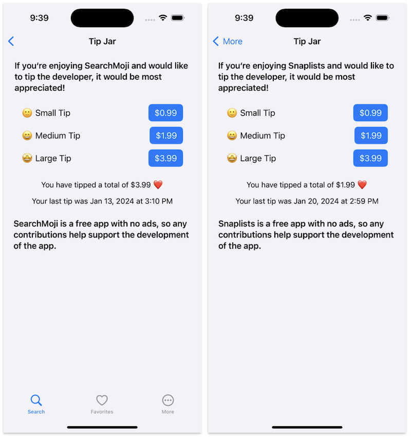 Screenshot of tip jar views from SearchMoji and Snaplists