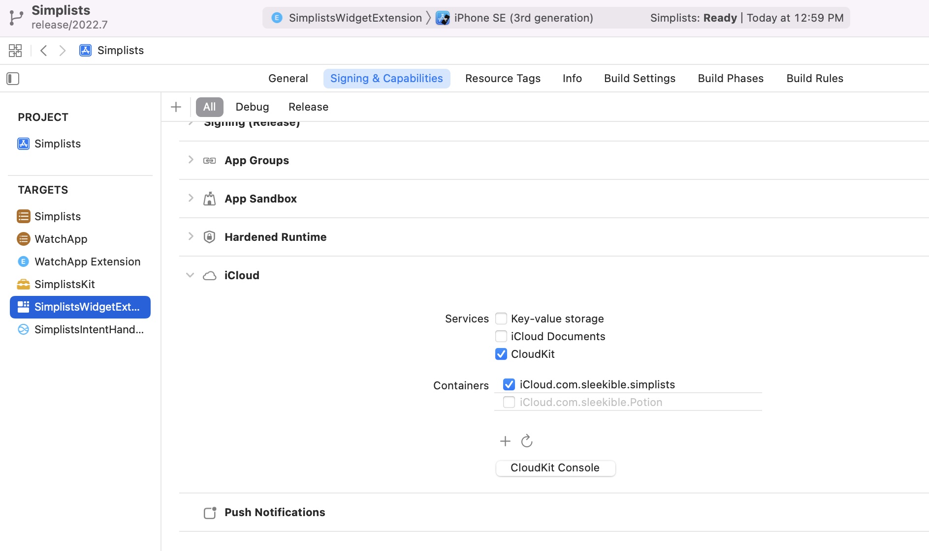 Screenshot of iCloud capability in Xcode